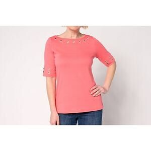 Quacker Factory Large Coral Grommet Bateau Neckline Elbow Sleeve Top A684991 EUC